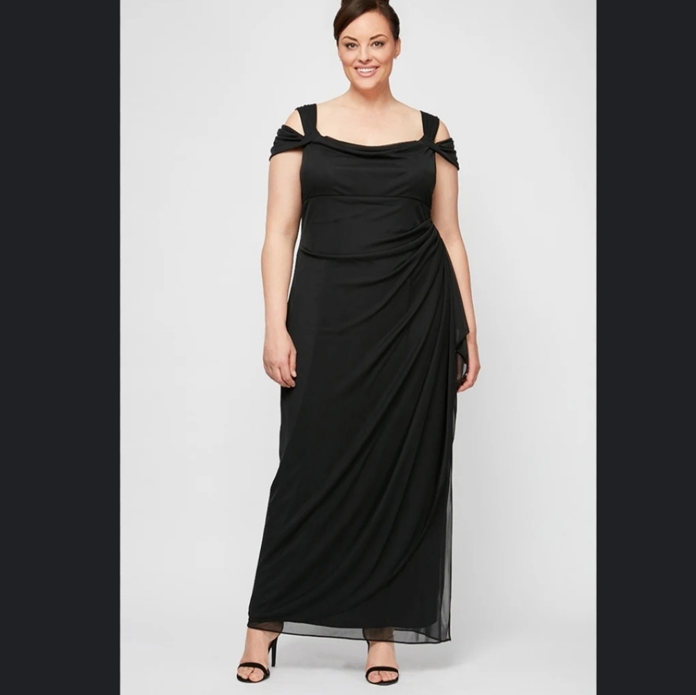 Alex Evenings Black Plus Lindsay Cold Shoulder Mesh Gown Women's Size 14P